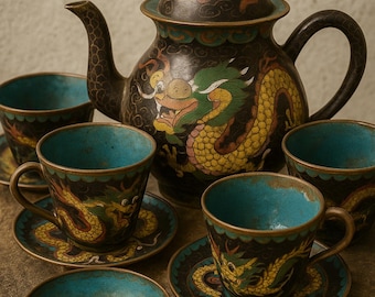 Juego de té chino antiguo con dragón cloisonné: 1 tetera + 6 tazas y platillos, estilo dinastía Qing, esmaltado a mano.