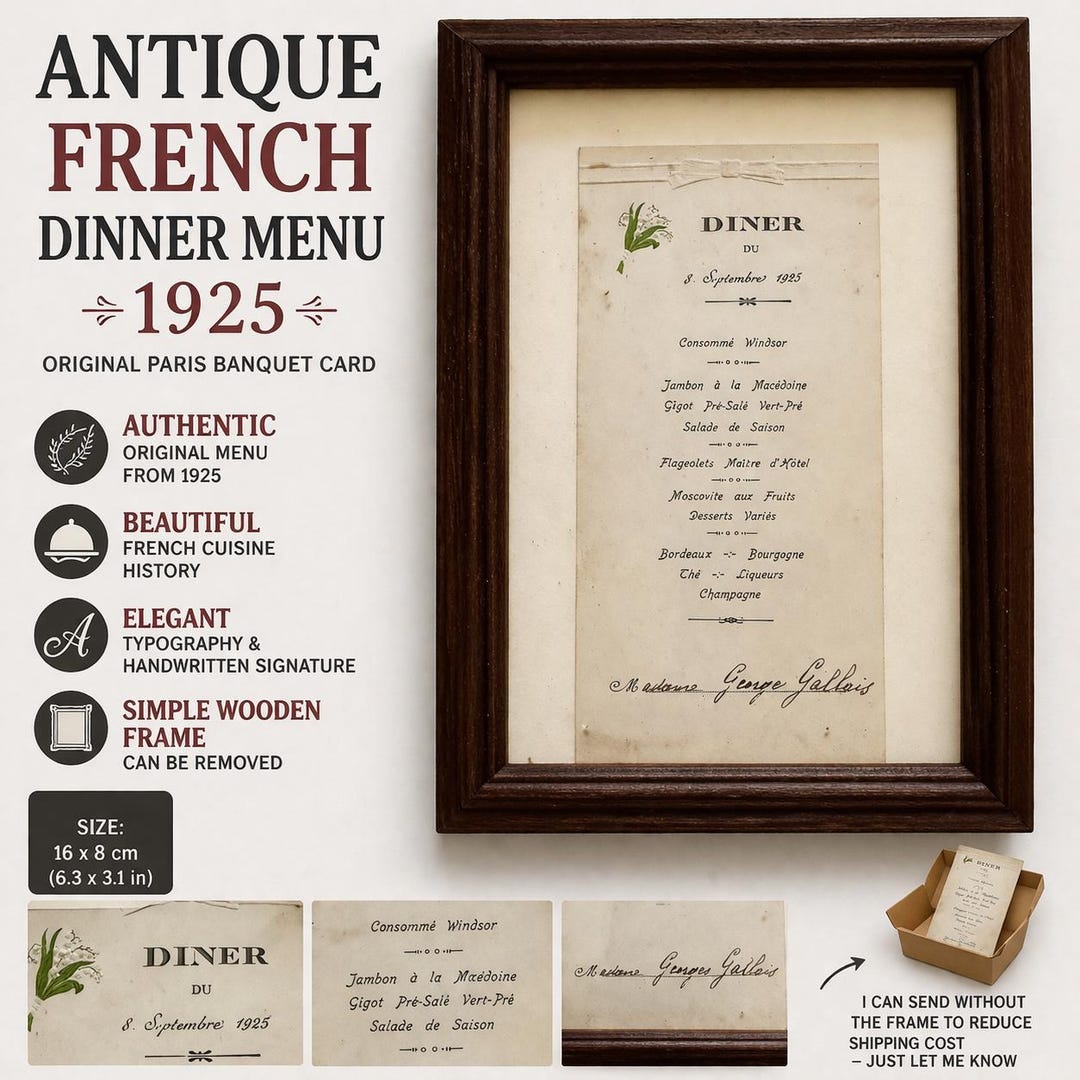 Antique French Dinner Menu 1925 – Original Paris Banquet Card, Framed ...
