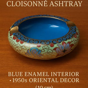 Vintage Chinese Cloisonné Ashtray – Blue Enamel Interior – 1950s Oriental Decor (10 cm)