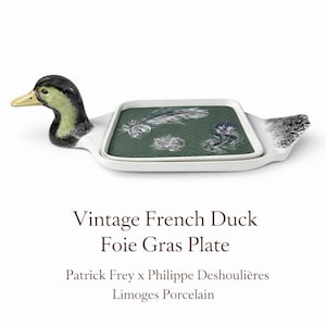 Peut inclure: Assiette à foie gras canard français vintage. L'assiette en porcelaine blanche présente une tête et une queue de canard. La zone de service rectangulaire a un fond vert avec des illustrations de plumes. Fabriqué en porcelaine de Limoges.
