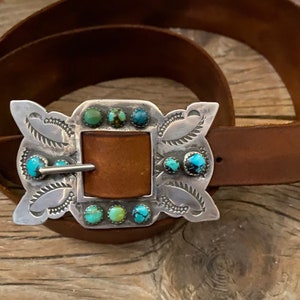 Hand Stamped Belt Buckle Handmade for RRL 1980&#39;s Old Turquoise Stones Sterling Silver