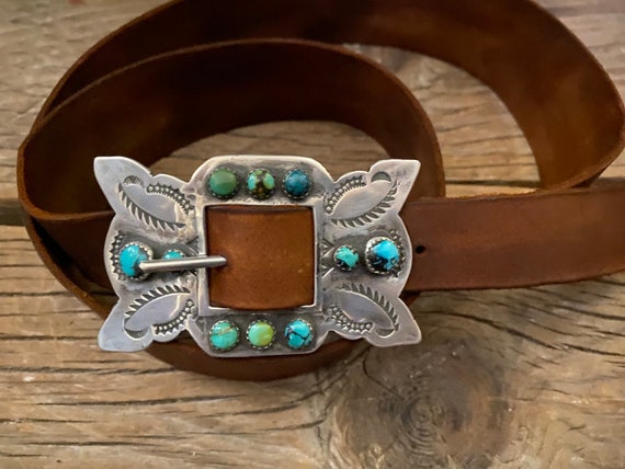 Gigantic Vintage Navajo Hand Tooled Native American Jewelry Silver 'Banner' Turquoise Buckle Gigantic Vintage Navajo Hand Tooled Native American Jewelry Silver 'Banner' Turquoise Buckle