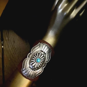 Repousse Pewter Ketoh Cuff Bracelet: Turquoise, Sundance Leather