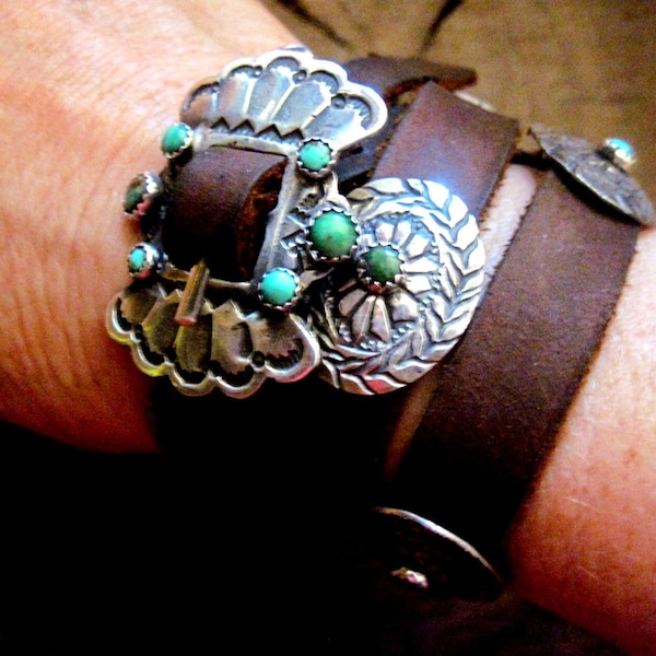 Turquoise Concho Bracelet: Sterling Silver & Leather
