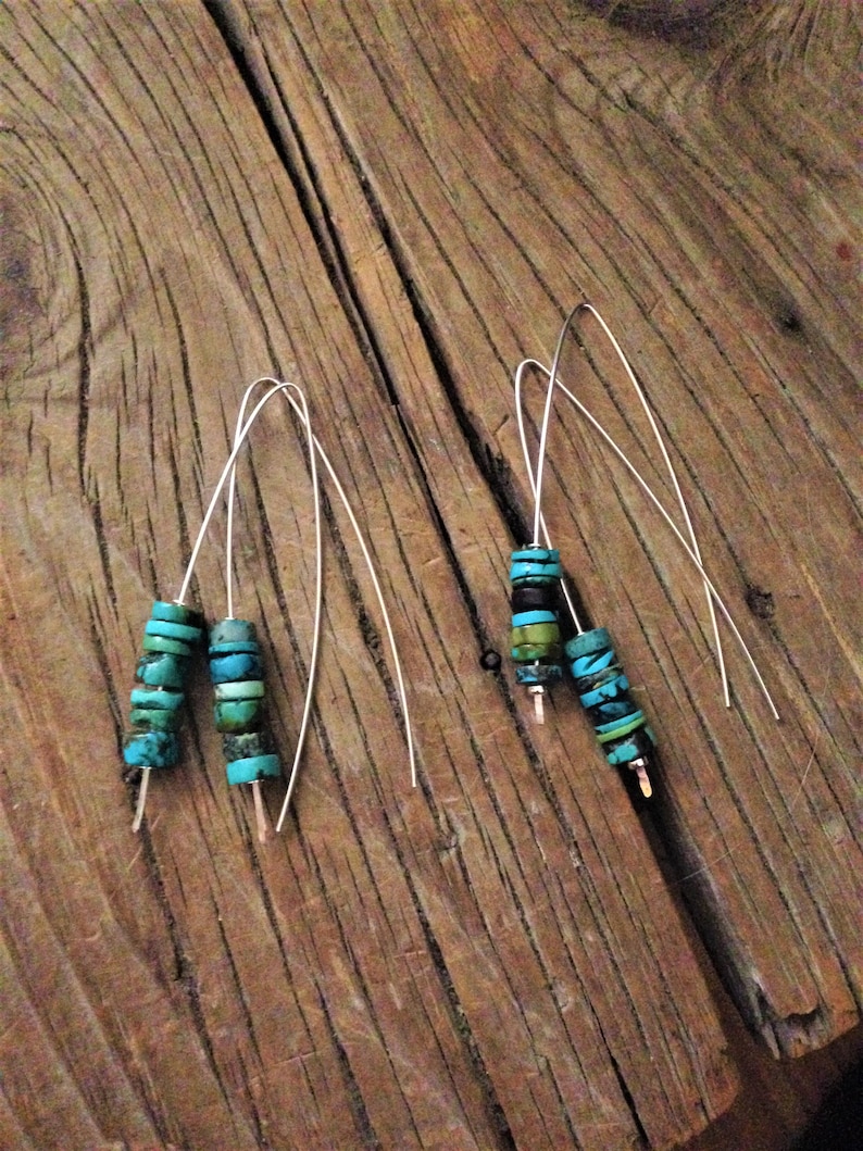 Long and Light * Curved Earth Sterling Turquoise Drop Earrings Sundance Artist