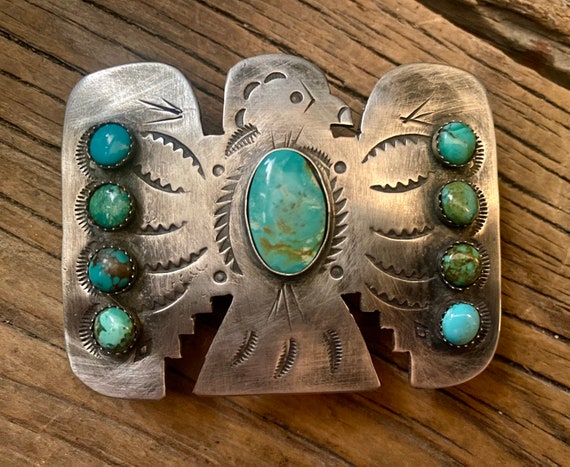 Gigantic Vintage Navajo Hand Tooled Native American Jewelry Silver 'Banner' Turquoise Buckle Gigantic Vintage Navajo Hand Tooled Native American Jewelry Silver 'Banner' Turquoise Buckle