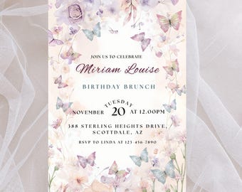 Invitación de brunch de cumpleaños con diseño floral de mariposas: Plantilla editable en tonos pastel (12,7 x 18,8 cm, PDF de Canva)