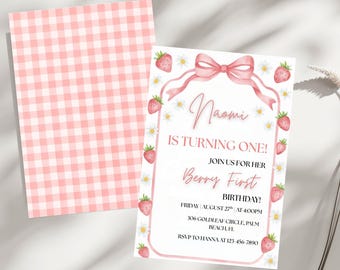 May include: A birthday invitation with a pink strawberry and daisy theme. The invitation reads "Naomi is turning one!" and includes event details. A matching pink gingham pattern is on the back.