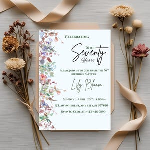 Modèle floral modifiable pour le 70e anniversaire | Modèle numérique d'invitation d'anniversaire | Téléchargement sur toile