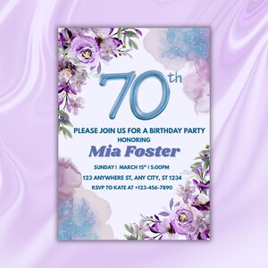de Invitation de 70e anniversaire à motif floral lilas | Invitation modifiable pour le 70e anniversaire | Aquarelle fleurs violettes imprimables