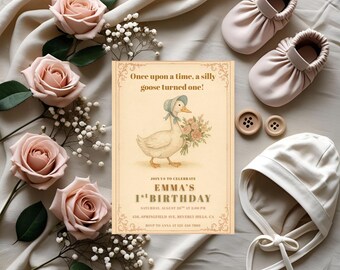 Silly Goose First Birthday Invitation: Vintage Storybook Theme (Editable Canva Template)