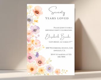 70th Birthday Invitation Template | Floral Watercolor Canva Editable | Seventy Years Loved | Instant Download