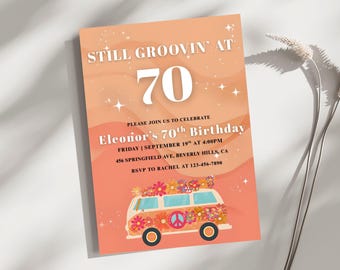 Groovy 70th Birthday Invitation: Retro Hippie Van, Editable Canva Template (5x7 inches) (Digital Download)