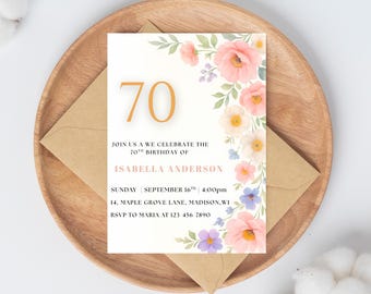 Editable 70th Birthday Invitation Template | Soft Watercolor Floral Design | Digital Download | Printable Invite