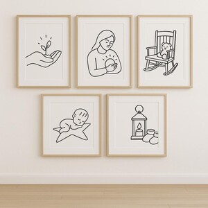 Gender Neutral Nursery Wall Art Set, Mom and Baby Line Art, Star Print Download, Rocking Chair Print, Handmade