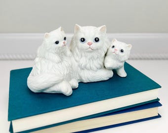Adorable 80s Vintage Homco White Persian Kitty Cat Family Figurine – Trio of Longhair Kittens
