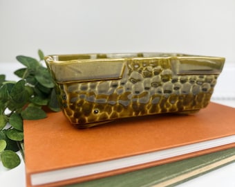 Mid-Century ‘Brush McCoy’ Bubble Texture Olive Green Bonsai Planter - Vintage Japandi Rectangle Ceramic Pottery