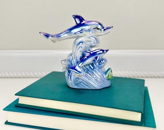 Shiny Vintage Lusterware Dolphin Duo Figurine: Retro Ceramic Mom / Baby Dolphin Pod on Ocean Wave Sculpture w Blue / Pearl Luster Finish