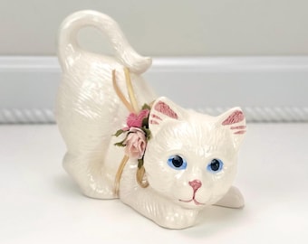Cute Vintage 80s Ceramic White Kitty Cat Figurine with Pink Floral Collar: Cottagecore Kitten Decor, Collectible Shabby Chic Sculpture