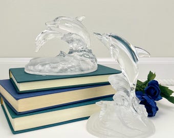 Vintage 90s Clear ‘Cristal D’arques’ Dolphin Figurines with Frosted Wave Bases: Ocean Crystal Sculptures, Coastal Art Glass Nautical Decor