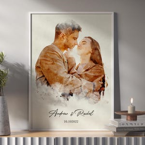 Aanpasbaar portret aquarel paar, gepersonaliseerde minnaarskunstwerk op ingelijst canvas, unieke verlovingsillustratieposter van foto