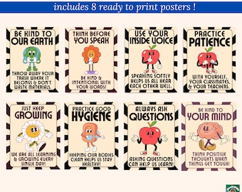 May include: A collection of eight retro classroom posters with positive messages. Each poster features a cartoon character and a motivational phrase, including "Be Kind to Our Earth" and "Practice Patience." The posters have a vintage design and include the text "Retro Classroom Collection."