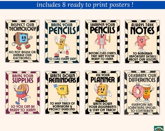 Set di poster retrò per la classe - Poster retrò per la classe, poster scolastici, arte murale, poster motivazionali, poster per insegnanti, elementi essenziali per insegnanti,