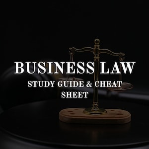 Può includere: Immagine di una bilancia della giustizia dorata su una base di legno, su sfondo scuro. Il testo "BUSINESS LAW STUDY GUIDE & CHEAT SHEET" è visualizzato in bianco. Il logo "CHAMROSH DIGITALS" è in basso.