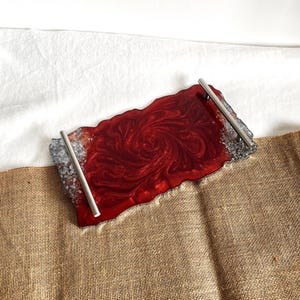 Handmade Deep Red Resin Serving Tray, Silver Leaf & Handles, Marble Effect Display Tray, Luxury Vanity Console Home Decor, Gift Idea