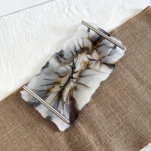 Handmade White Marble Resin Serving Tray Silver Handles, Neutral Table Decor, Modern Vanity & Console Tray, Gift Gift Idea