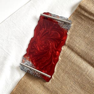 Handmade Deep Red Resin Serving Tray with Silver Handles, Marble Effect Coffee Table Decor, Luxury Vanity & Console Display Tray