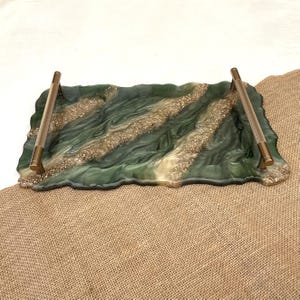 Handmade Large Green Marble Resin Serving Tray with Gold Handles, Luxury Coffee Table Decor, Modern Vanity & Console Display Tray, UK