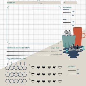 Puede incluir: Una hoja de notas de cerámica con el título "POTTERY NOTES" en azul. Incluye secciones para el nombre de la pieza, las dimensiones, los pasos de decoración y notas adicionales. La hoja presenta ilustraciones de cerámica.
