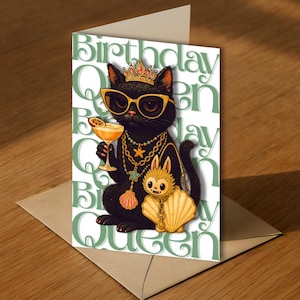 Carte d'anniversaire reine chat - modèle de toile modifiable avec martini, labubu, chat noir glamour - cadeau amusant pour petite amie - carte imprimable pliable