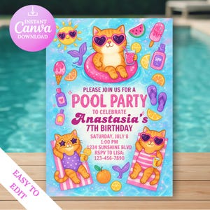 Invitation d'anniversaire de fille de fête à la piscine | Modèle d'invitation d'été pour enfants modifiable Canva | Chat mignon rose piscine piscine sirène fête | Téléchargement instantané