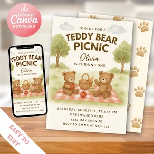 Verjaardagsuitnodiging teddybeer picknick – bundel bewerkbare canva-sjablonen – verjaardagsuitnodiging voor babymeisje – direct downloaden, bewerken en afdrukken