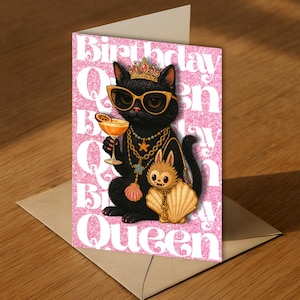 Cartão de aniversário da rainha gata rosa com glitter, dobrável, engraçado, fofo, martini labubu, glamouroso, brilhante, cartão digital para impressão para ela, presente para mulheres, amigos