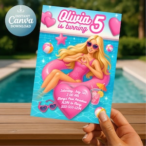 Pool Party Barb Fashion Doll Invitation Editable Pink Barb Doll Birthday Invite Instant Canva Download Girls Swimming Splash Birthday Invite