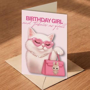 Cartão de Feliz Aniversário para Gato – Presente Divertido Rosa com Labubu e Gato – Presente de Aniversário Engraçado para Meninas Melhor Amiga Namorada Bff – Presente Labubu para Ela