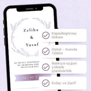 以下が含まれることがあります： スマートフォン画面に表示されたデジタルウェディング招待状のデザイン。招待状にはラベンダーのアクセント、Zeliha & Yusufの名前、日付13 | 07 | 2026が含まれています。カスタマイズオプションと即時デジタル配信が含まれています。