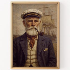 Sea Captain Oil Painting | Vintage Nautical Wall Art for Men | Coastal Maritime Portrait with Pipe & Ship | Digital Download Decor | #168