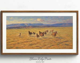 Puede incluir: Una impresión enmarcada de un paisaje con una manada de caballos corriendo por un campo dorado bajo un cielo azul. La obra de arte tiene una paleta de colores cálidos con tonos marrones, amarillos y azules. El texto "Bloom Ridge Prints DIGITAL ART" está en la parte inferior.
