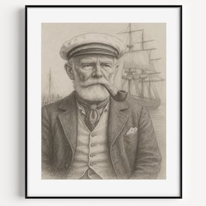 Nautical Captain Wall Art | Vintage Sailor Sketch with Pipe & Ship | Maritime Portrait Drawing | Coastal Decor Digital Download | #225