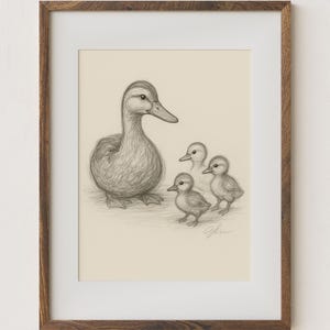 Duck and Ducklings Pencil Sketch Print: Vintage Nursery Art (Digital Download)
