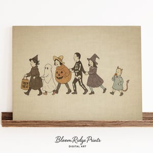 May include: A vintage print showing children in Halloween costumes walking in a line. Costumes include a witch, ghost, pumpkin, skeleton, another witch, and a devil. The first child carries a bag that says "Trick or Treat".