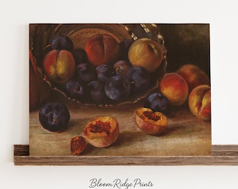 Vintage Fruit Still Life Art Print: Moody Plum & Peach Oil Painting (Digital Download)