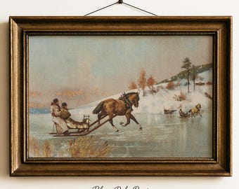 Vintage Winter Sleigh Ride Art Print: Rustic Horse & Sleigh Landscape (Digital Download) #392