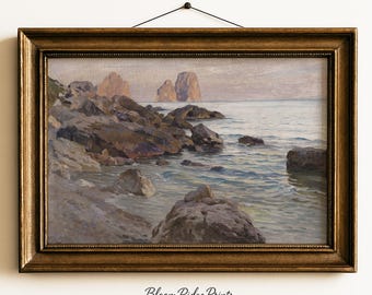 Mediterranean Seascape Oil Painting Print: Rocky Shore Coastal Art (Digital Download) #204