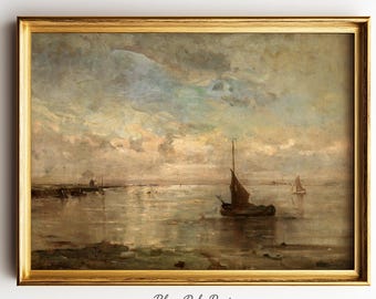 Vintage Seascape Wall Art – Antique Sailboat Sunset Painting, Coastal Nautical Decor (Digital Download) #292