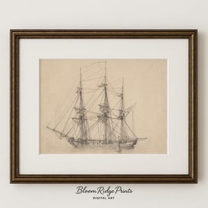 dessin de bateau vintage imprimable | Art mural nautique | Croquis de voilier antique | Décoration nautique côtière | Art côtier pour bureau